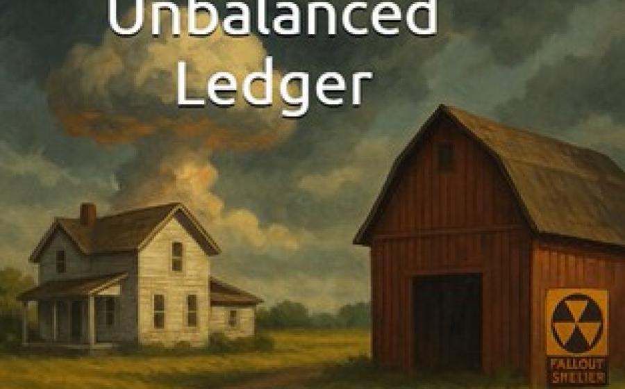 Drawing of a farmhouse, barn, and open sky with the book title on it: Unbalanced Ledger